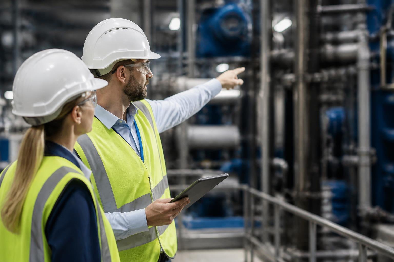 Dos personas con equipo de protección analizando maquinaria industrial