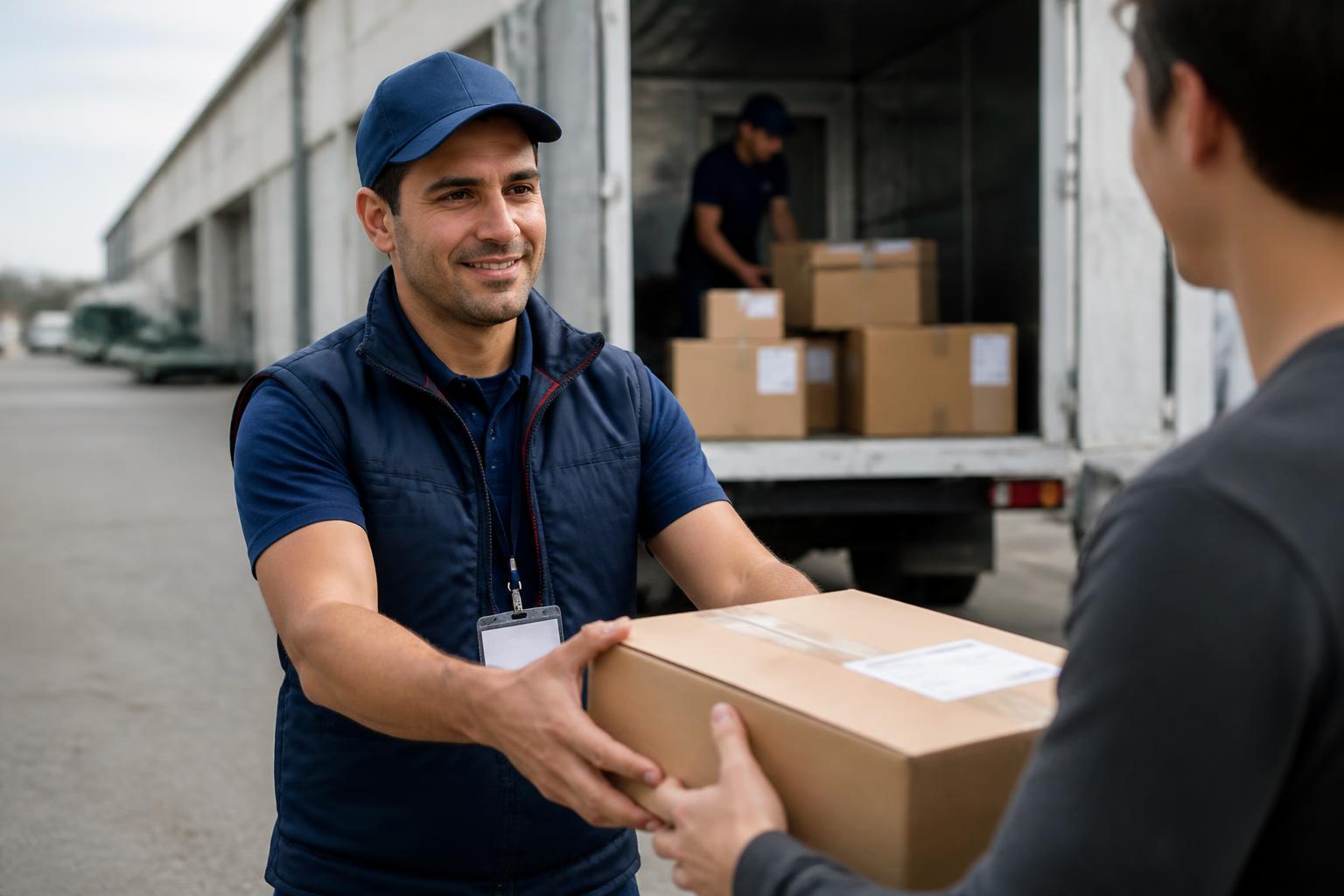 Entrega de paquetes con camión descargando cajas